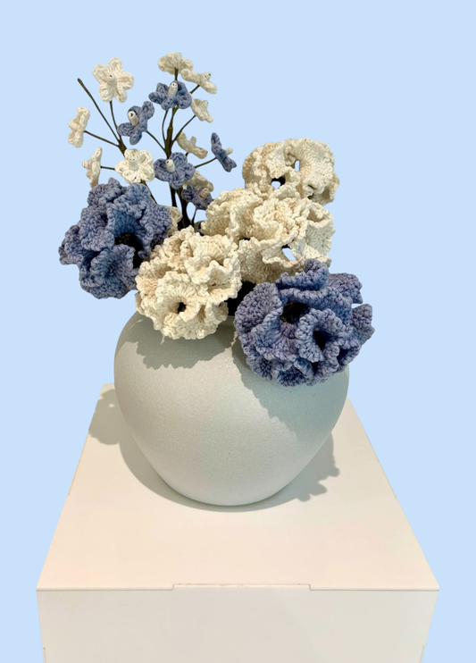 Baby Blue Flower Crochet Arrangement  In White Vase