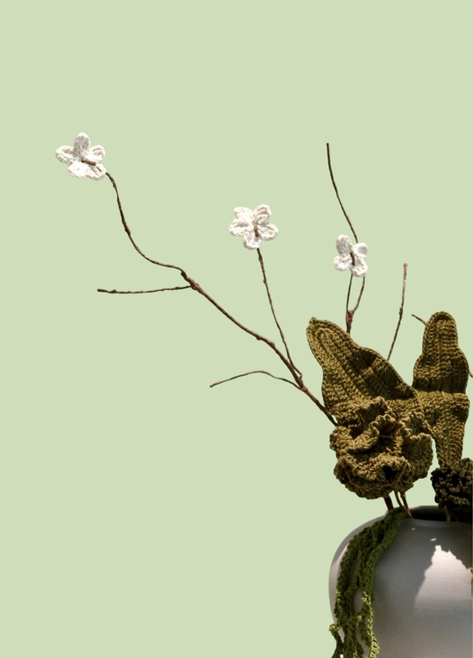 White Cherry Blossom Branch  & Leaves  Large Vase